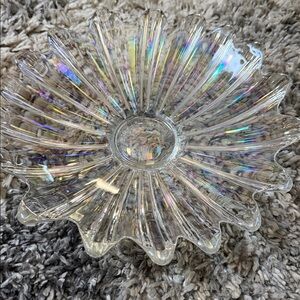 Vintage Federal Glass Iridescent Celestial Bowl Atomic Petal Dish Carnival Glass